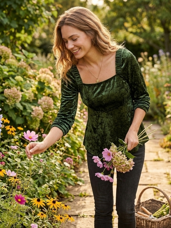 🌿Qian Tian Velvet Forest Green Tie Back Top est XS/SM Women's -Cute! - Picture 8 of 10